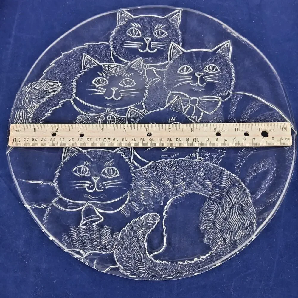 VTG Pilgrim Glass Cat Party Platter Approx 13” Clear Art Glass Serving Tray US